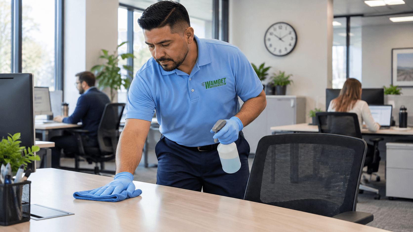 A professional cleaner sanitizes an office desk using a spray bottle and blue cloth.